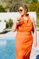 Sunset Spritz Midi Dress | Orange Linen Halter Midi | SAVVI the label - PRESALE